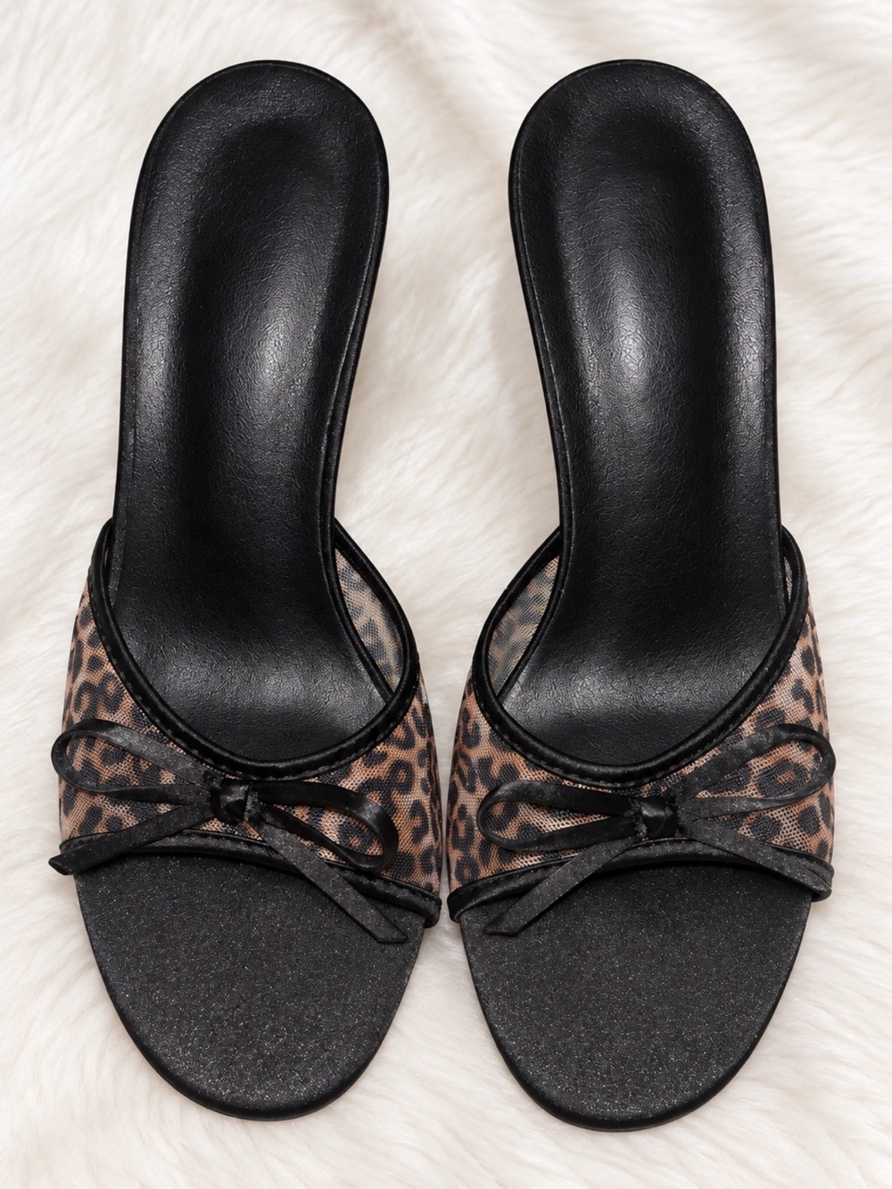 Leopard Print Slide Heels with Black Footbed